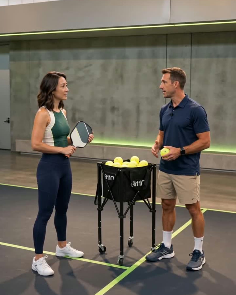 A pickleball coach with a ball cart talking a student through a drill