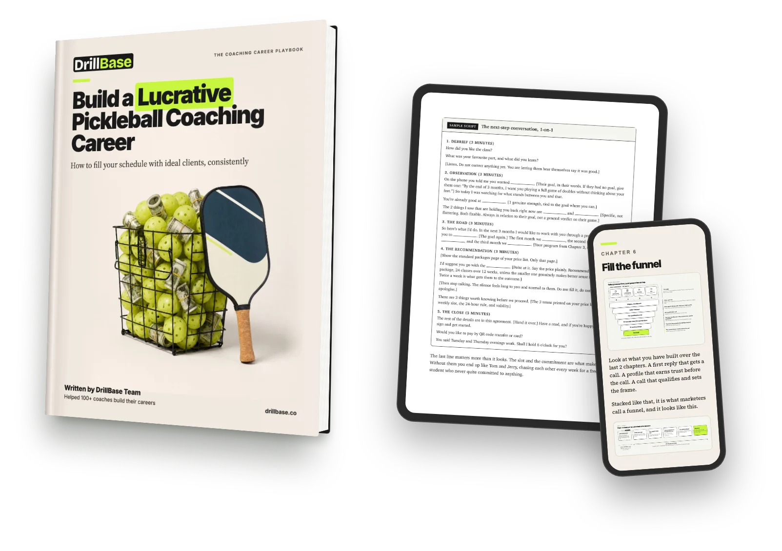 The playbook shown as a cover, on a tablet and on a phone